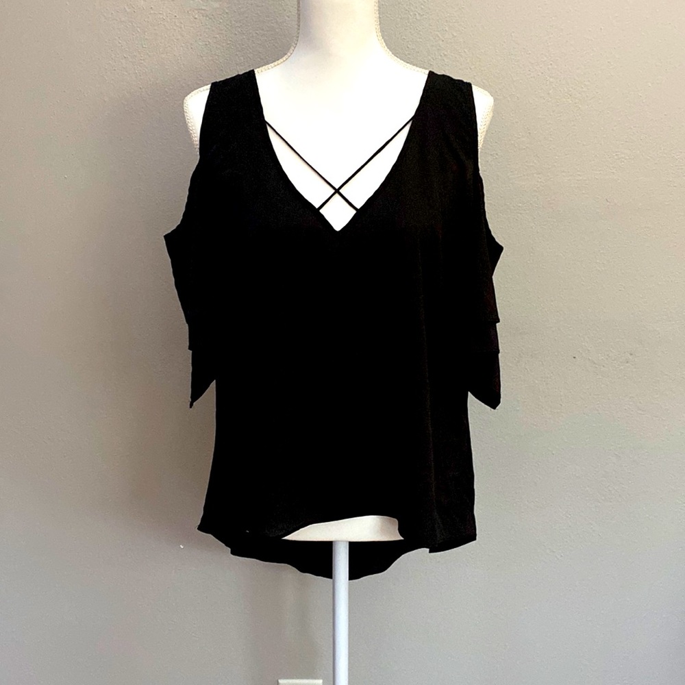 Black, cold shoulder, hi-low blouse